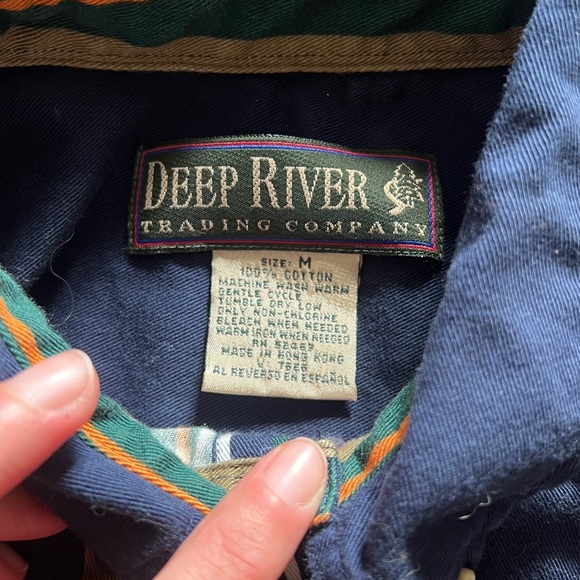 VTG 90s Vertical Stripe Navy Button Up Shirt Men M Retro Cosby Style Elbow Patch - Picture 3 of 12